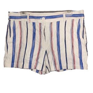 LOFT Striped Chino Shorts White Blue Red Button Pockets Size 12 100% cotton